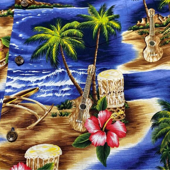 RJC Hawaiian Shirt Islands Music Drums Guitar Hibiscus Palm Trees Aloha Sz M - Picture 6 of 10